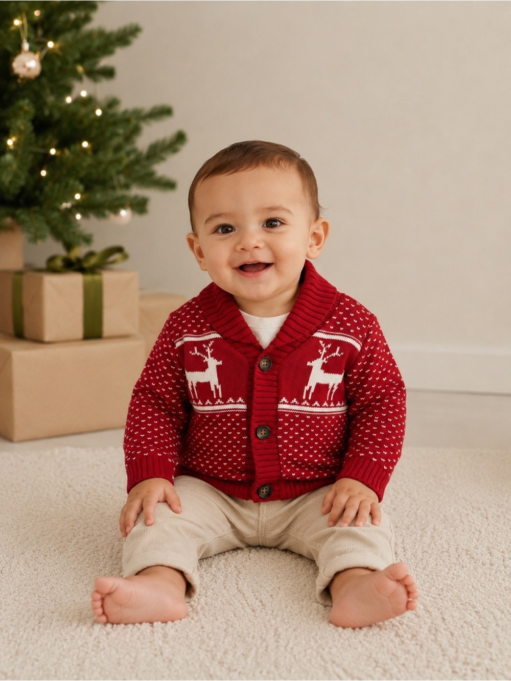 Old Navy Red Knit Reindeer Shawl Collar Cardigan 12-18 months